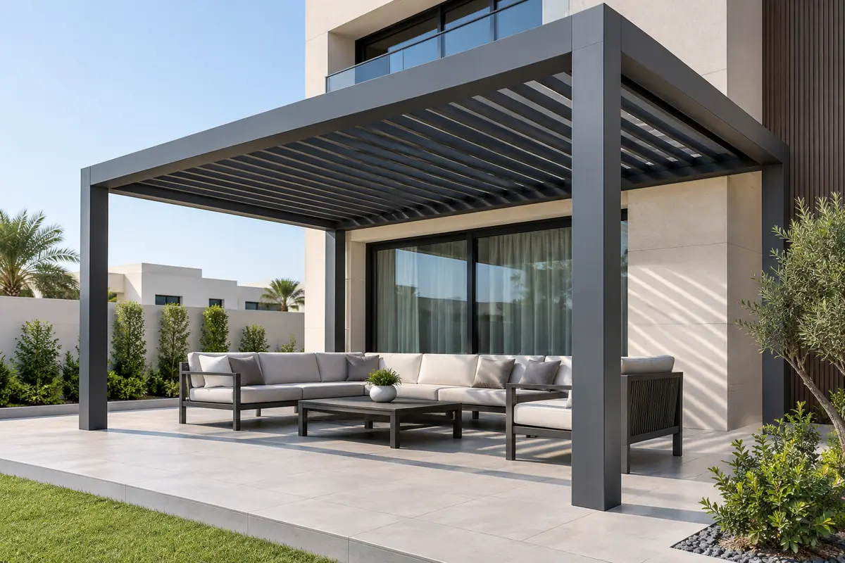 Grey louvered aluminium pergola over a villa patio in Dubai