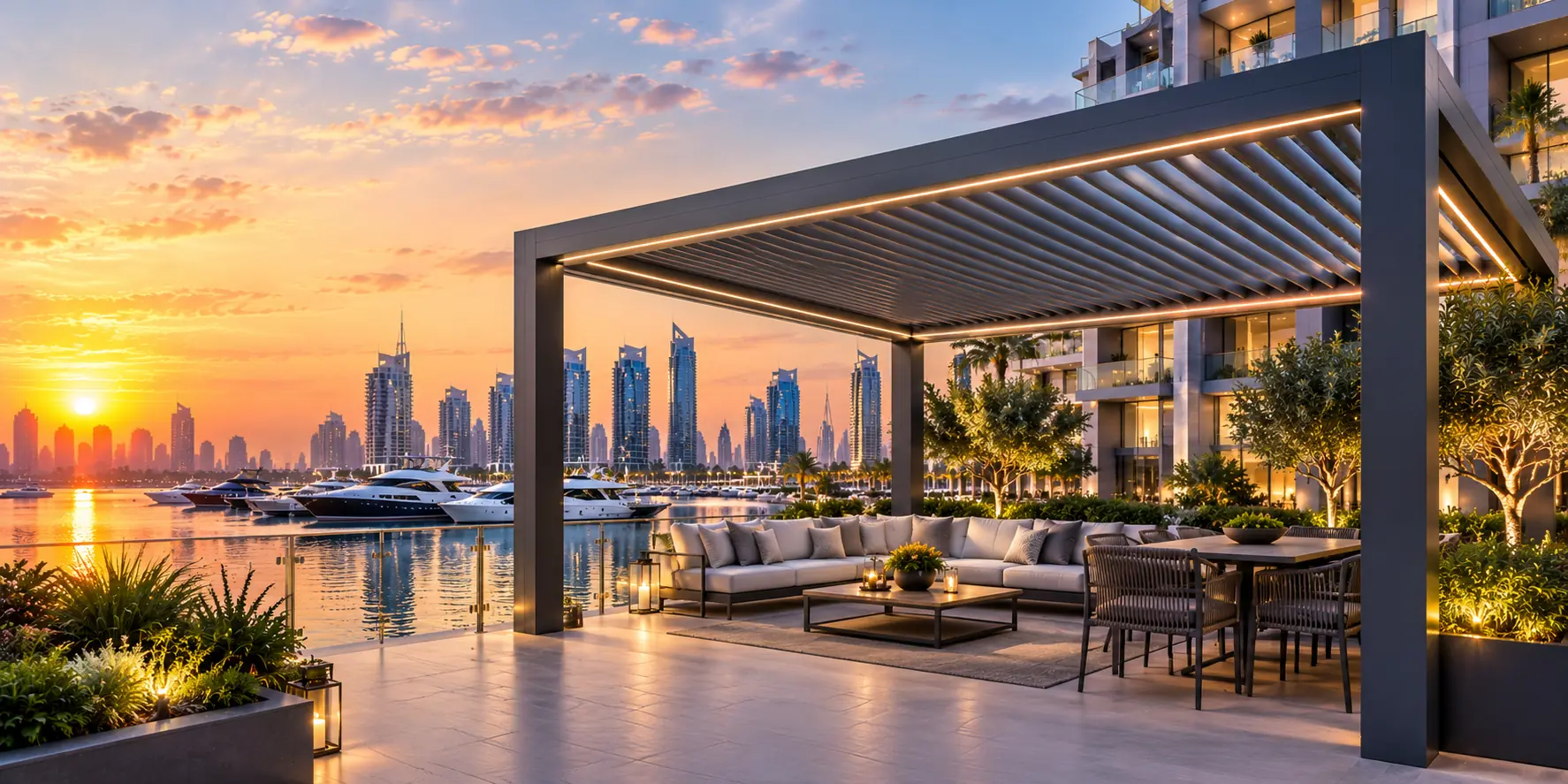 Louvered aluminium pergola with LED lighting on a Dubai terrace