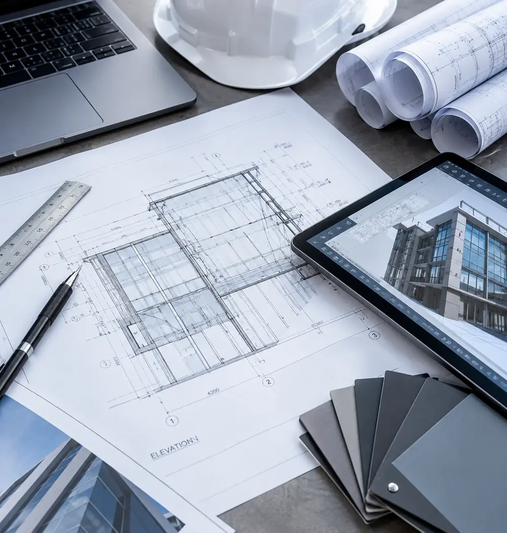 Shop drawings and material samples on a desk